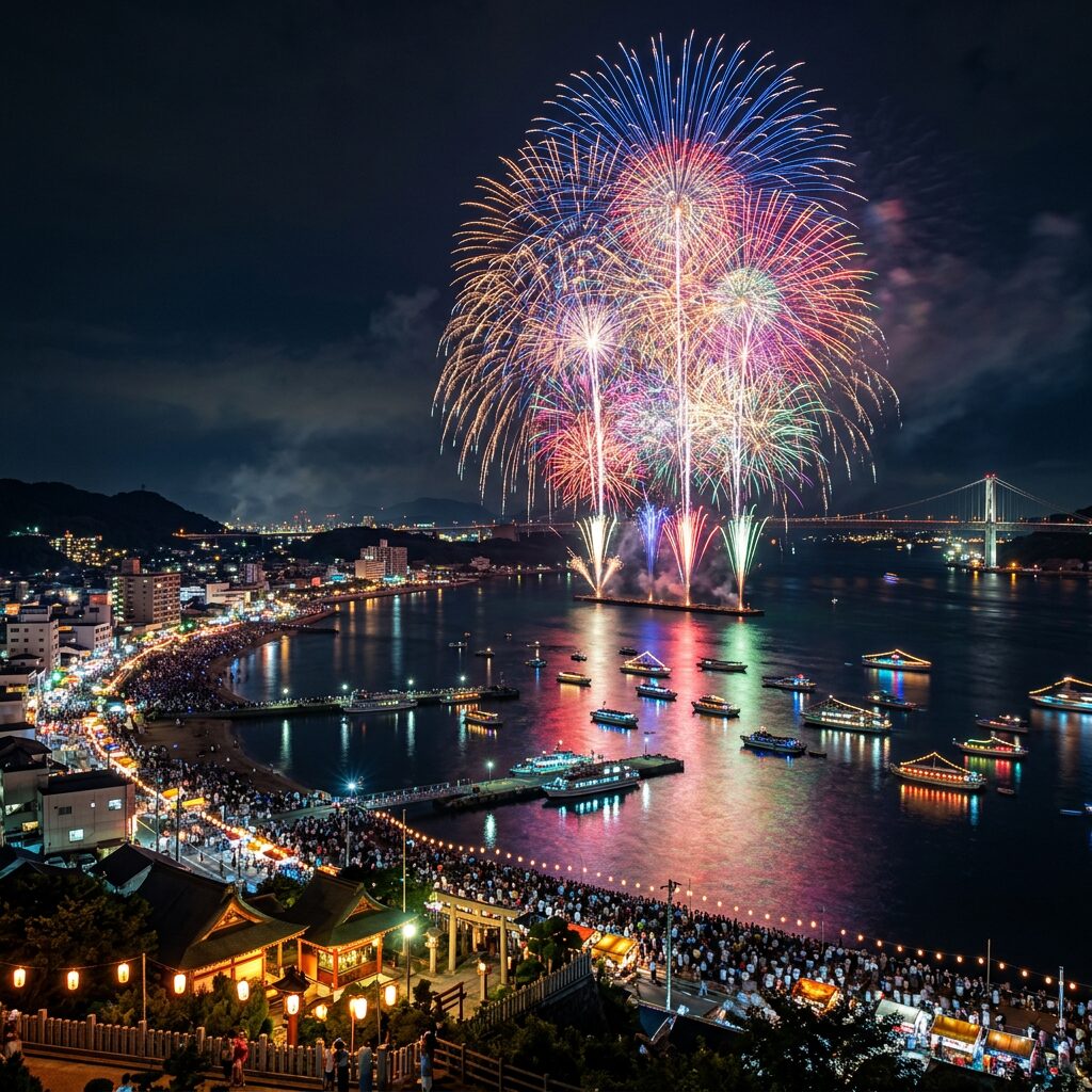 Colorful fireworks exploding over harbor with boats and a large crowd along the waterfront at night